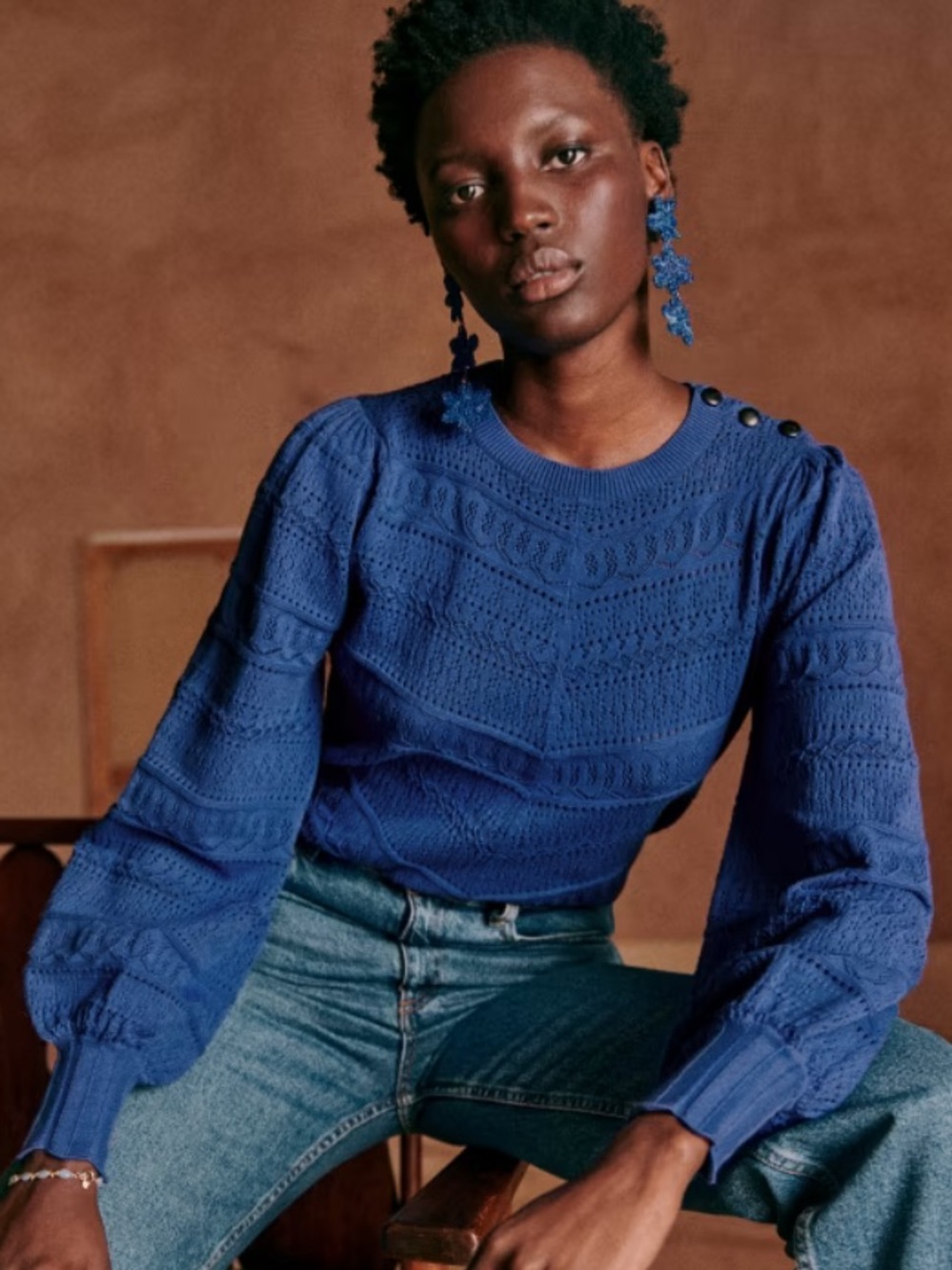 Sezane Soline Jumper Sweater Indigo Large 100% Cotton Puff Sleeves Fancy Knit
